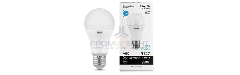Лампа Gauss Elementary A60 20W 1750lm 6500K E27 LED 1/10/50